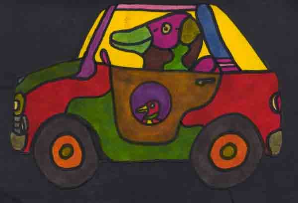 a drawing by Blaze Foley of a duck driving a car